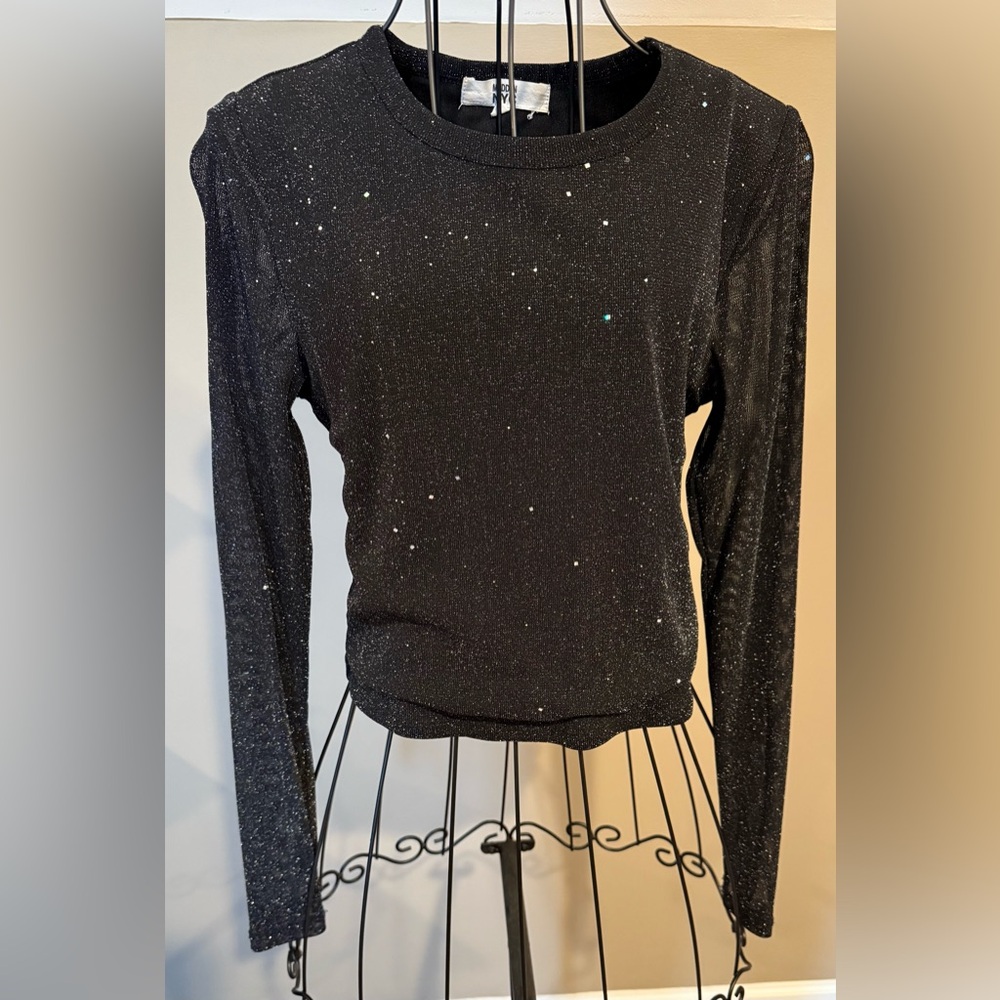 Madden NYC Elegant Black Glitter Long Sleeve Slightly Cropped Top